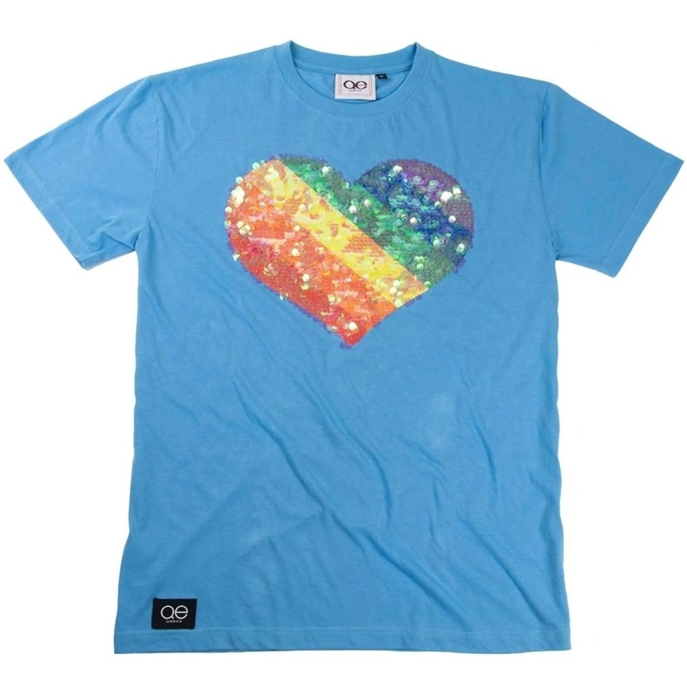 NWT Queer Eye Cyan Sequin Tee Blue Heart Graphic T-Shirt QE116-S Size Small